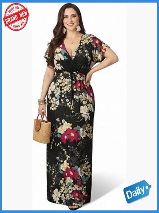Dresses & Skirts - Floral Maxi Dress Kimono Sleeve V-Neck Flowy A-Line Long Dress Summer Wedding